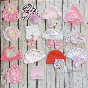 14 Baby Girl Hats & 10 Sets of Hand Mittens